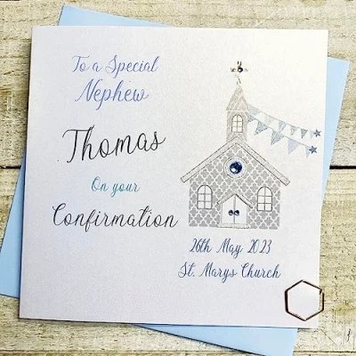 Image of WHITE COTTON CARDS NEPHEW PERSONALISED CONFIRMATION CARD, BLUE CHURCH DESIGN, HAND FINISHED (X) P23 48 NEP