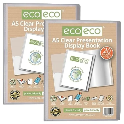 Image of eco A5 Size 50 Percent Recycled 20 Pocket Clear Presentation Display Book, Storage Case Portfolio Art Folder with Plastic Sleeves, Pack of 2, eco127x2