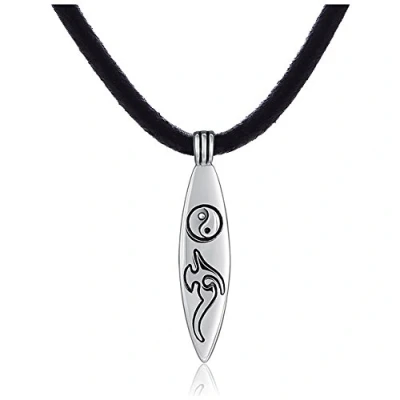 Image of DonDon Men&#039;s Necklace Rubber 50 cm 19,7&quot; with Yin Yang Surfboard Pendant Stainless Steel in a Black Velvet Gift Bag