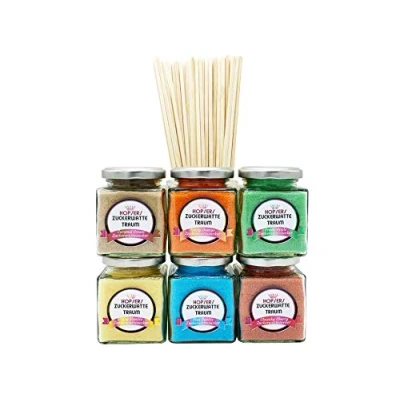 Image of Candy Floss Sugar 6 x 175 g in Glass for Machine Including 50 Sticks Colourful Premium Flavoured
