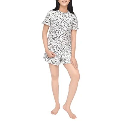 Image of Sleepdown Women&#039;s AOP Tee Ladies Pyjamas Frill All Over Animal Print 2 Piece Sleeve T Shirt &amp; Short Set Casual Loungewear Nightwear, Grey Leopard, S