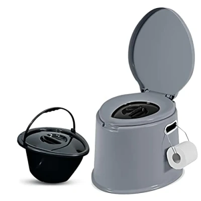 Image of Crystals 6L Compact Portable Camping Toilet, Potty Loo with Washable Basket and Toilet Roll Holder for Pool Party Caravan Picnic &amp; Festivals, Grey