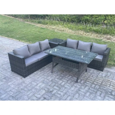 Image of Pe Wicker Outdoor Garden Furniture Set Patio Rattan Rectangular Dining Table Lounge Sofa with Side 6 Seater Dark Grey Mixed Fimous