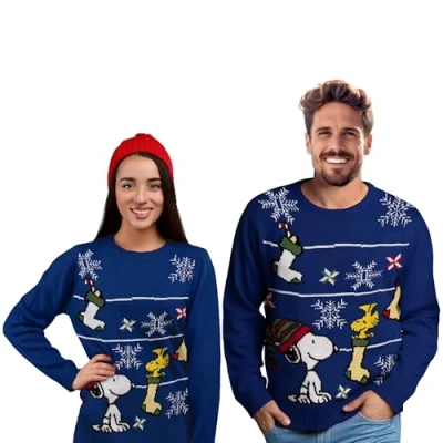Image of The Peanuts Winter Sweater Unisex Snoopy Knitted Pullover Sweatshirt Ugly for Men &amp; Women Blue (as3, Alpha, s, Regular, Regular)