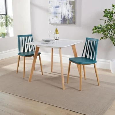 Image of Home Source Kitchen Dining Table Set, 2 Teal Metal Chairs, 80cm White Top