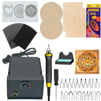 Image of Wood Burning Kit,60W Pyrography Tool Set,Pyrography Machine with Pen and 20 Wire Tips,Pyrography Kit 4 Pcs Basswood Sheet,Carbon Paper,Colouring Pencils ﻿