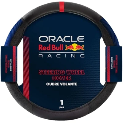 Image of Red Bull Racing Steering Wheel Cover Universal Fit, Perforated Leather with Cloth Grips, Sporty Design, Protects &amp; Enhances Your Vehicle’s Style (RBSWC002BR)