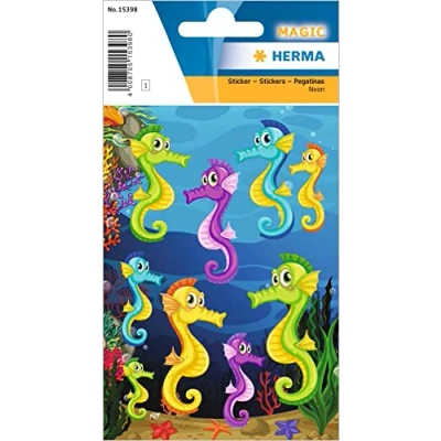 Image of HERMA 15398 Stickers Seahorse Small Large, 9 Pieces, Neon Animals with Sea Motif, Children&#039;s Labels for Photo Album, Diary, Poetry Scrapbooking, Birthday Decoration, Letters,