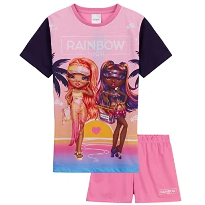 Image of Rainbow High PJs for Girls Summer T Shirt and Short Pyjamas 2 Piece Set Soft Lounge Wear 5 12 Years Kids Nightwear Gifts (Pink, 6 Years)
