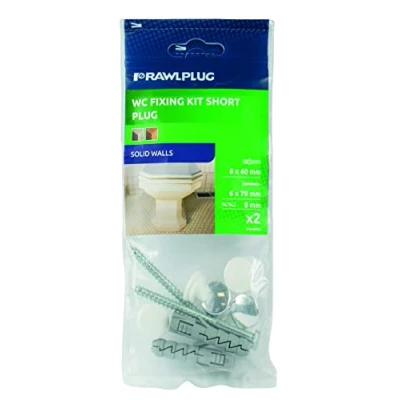 Image of Rawlplug Vertical Toilet Fixing Kit into Shallow Holes WC or Bidet Set Fix to Floor with White Chrome Caps Tanks Screws, Plugs, Bushes Accessories