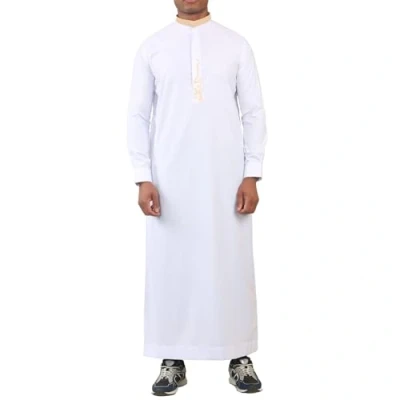 Image of Mens Thobe White Jubba Nehru Round Collar Islamic Clothing Muslim Kaftan Embroidery Eid Robe Saudi M 54