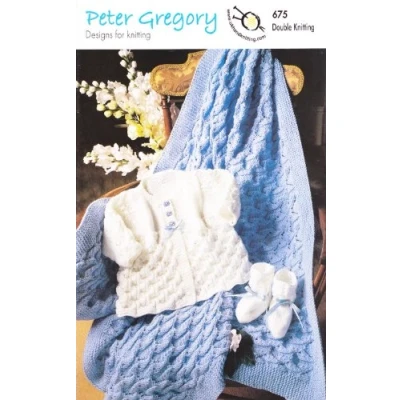 Image of Peter Gregory Double Knitting Pattern 675 Baby Coat Shawl &amp; Bootees