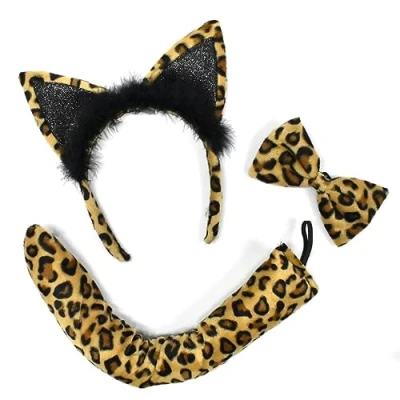 Image of jokeshop Glitter Leopard Print Ears, Tail &amp; Bowtie Set Headband Animal Fancy Dress Costume