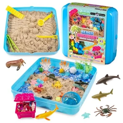 Image of Original Stationery Beach Discovery Sensory Bin Kit, Box with 2lbs Play Sand, 4 Kids Toys Tools, and Glow in the Dark Sea Creature