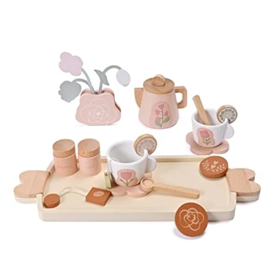 Image of Donmills Wooden Kids Tea Set Toy, Toys, Pretend Play Food Kitchen Accessories, Afternoon for Toddler, Children Party with Dessert Tray Teapot Gifts Girls Boy aged 3+