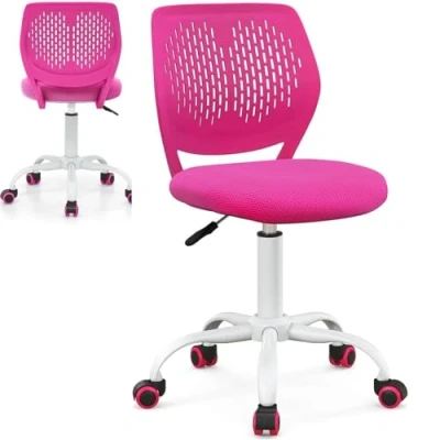 Image of Maxmass Home Office Kids Desk Chair, Height Adjustable Computer Chairs with Gas Lift and Coloured PU Casters, Swivel Mesh Seat for Working Studying (Rose)