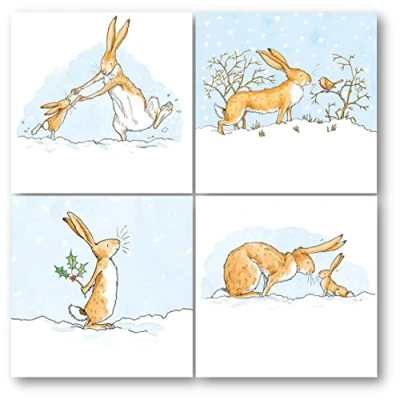 Image of Museums &amp; Galleries Christmas Cards Pack of 16 Hares Fun in the Snow Guess How Much I Love You Eco Friendly and Recyclable