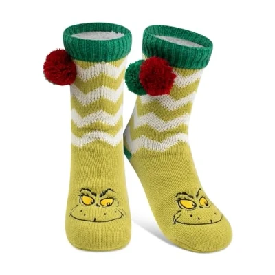 Image of United Labels The Grinch Hut Socks House with Bobble &amp; Sherpa Lining for Women Cuddly Fluffy Winter Warm One Size Green, Green