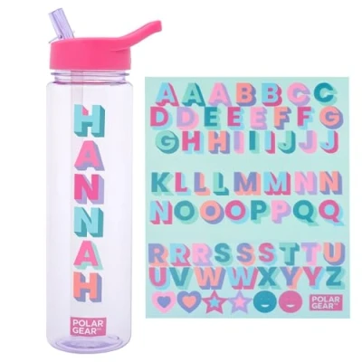 Image of Polar Gear 600ml Kids Water Bottles with Straw and A Z Sticker Sheet Personalised Bottle Can Decorate Customisable Childrens Drinks Canteens for Boys Girls School, Sports, Home