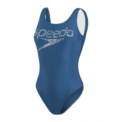 Image of Speedo Women&#039;s Logo Deep U Back Swimsuit, Dark Petrol/White, 28