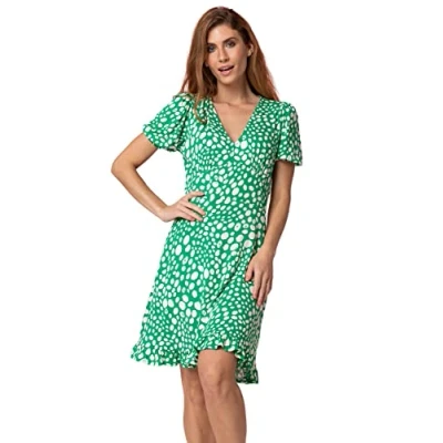 Image of Roman Originals Tea Dress for Women UK Ladies Skater Swing Fit &amp; Flare Flattering Summer Knee Length Floral Print Frill Hem Ruched Chest Casual Smart Cocktail Party Going Out Green White Size 18