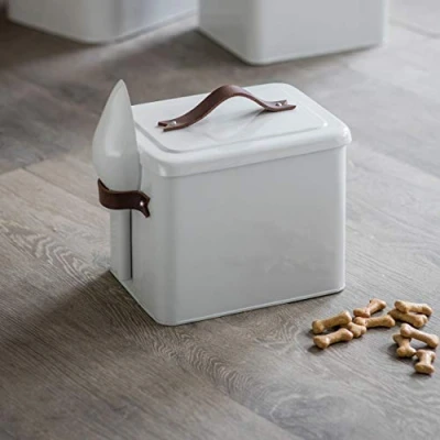 Image of CKB Small Pet Food Storage Tin with Scoop LTD Holds Dog Cat Animal Treats Metal Box Bin Sealed Lid Leather Handle Made from Chalk coloured Steel 3.5kg H25 x W24 D19cm