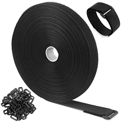Image of WSZJINB 10m x 2cm Reusable Cable Ties with 50 Buckles, Free Cut Length, Black Adjustable Fastening Straps, Hook and Loop Securing Strap for Tidy, Wire Management, Cord Organiser, Wide