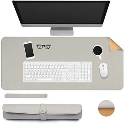Image of Ewolee Desk Pad, Office Mat 70 * 30cm Natural Cork PU Leather Protector Non Slip Waterproof Laptop Keyboard Mouse for Home School(Grey + Cork)