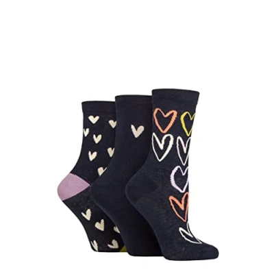 Image of Women&#039;s 3 Pair Caroline Gardner Patterned Cotton Socks Heart Outline Navy 4 8 Ladies