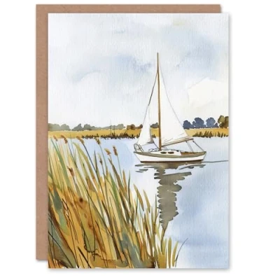 Image of Artery8 Greeting Card Norfolk Broads England River Sailboat Watercolour Blank For Him Or Her Art Birthday