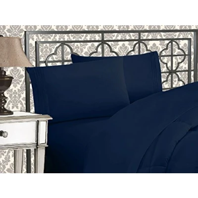Image of Elegant Comfort Luxurious 1500 Premium Hotel Quality Microfiber Three Line Embroidered Softest 4 Piece Bed Sheet Set, Wrinkle and Fade Resistant, King, Navy Blue