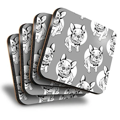 Image of Destination Vinyl ltd Great Coasters (Set of 4) Square BW Cute French Bulldog Drawings Drink Glossy Coasters/Tabletop Protection for Any Table Type #35837
