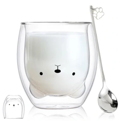 Image of Bear Cup Cute Mugs for Women Glass Double Wall Insulated Glasses Espresso Cup, Coffee Tea Milk Best Gift Birthday Christmas Office and Personal (Bear)