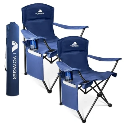 Image of Voyager Folding Camping Chair 2 Pack, Lightweight with Pocket and Drinks Holder, Holds up to 120kg Each, Easy Transport, Foldable Outdoor Set Navy