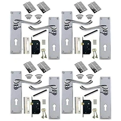 Image of 4 Sets of Victorian Scroll Polished Chrome Door Handle Lock Pack +2 Lever + Hinges