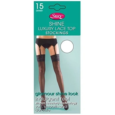 Image of Silky Ladies Shine Lace Top Stockings 15 Denier ED013 White One Size