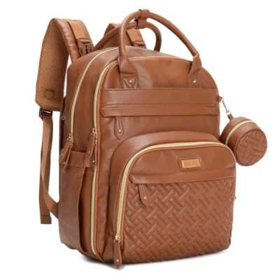 Image of BabbleRoo Leather Diaper Bag Backpack Baby Essentials Travel Bag, Multi function, Waterproof, with Changing Pad, Stroller Straps &amp; Pacifier Case Unisex, Natural Brown