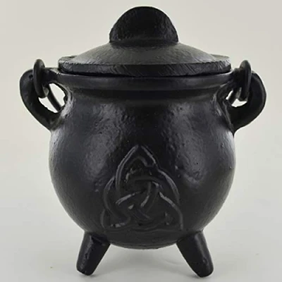 Image of Small Cast Iron Cauldron with Witchcraft Triquetra Design Black