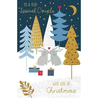 Image of Paper Rose Very Special Couple Christmas Card Bunny Rabbits in Snowy Forest Embossed with Foil Details Eco Friendly and Recyclable