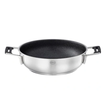Image of RÖSLE Silence PRO Serving Pan with Scratch Resistant Premium Non Stick Coating ProResist, Silicone Handles, 24 cm, 18/10 Stainless Steel, Induction Safe, Dishwasher Silver/Black