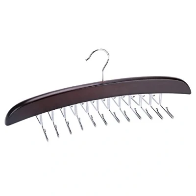 Image of Tie Holder, 24 Hooks Rotating Wooden Belt Rack Hanger Closet Ties Holder Storage Organizer(Dark Red)