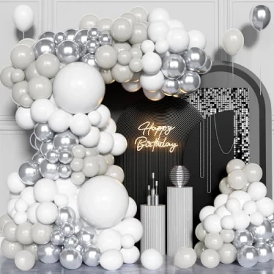 Image of 140Pcs White Silver Grey Balloon Arch Kit, Metallic Party Balloons Garland Kit for Birthday Bridal Baby Shower Congratulations Wedding Anniversary Decorations Supplies