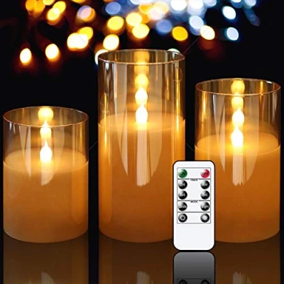 Image of GenSwin Gold Glass Battery Operated Flameless Led Candles with 10 Key Remote and Timer, Real Wax Warm White Flickering Light for Home Decoration(Set of 3)