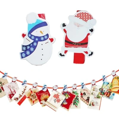 Image of Christmas Card Holder 18 Novelty Pegs and Red Ribbon Santa/Snowman 2475