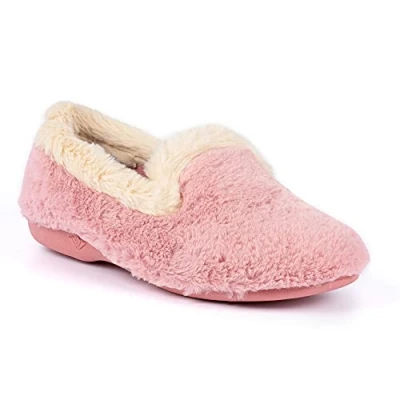 Image of Lunar Ladies&#039; Shake Pink Fur Trim Slippers Soft Plush Lining, Cushioned Insole, Non Slip Rubber Sole, Cozy Wedge Slippers, Machine Washable Comfort 4 UK