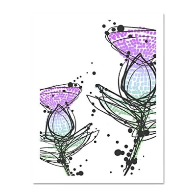 Image of Wee Blue Coo Scottish Thistle Head Flowers Ink Drip Design Scotland Large Framed Art Print Poster Wall Decor 18x24 inch