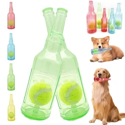 Image of Crunch Play bottle toy, Crunchnplay Toy for Dogs, 9.7&quot;/7.7&quot; Rubber water Dog Interesting Squeaky Toys, Outdoor Interactive Chew with Tennis Ball (2*Green,Large)
