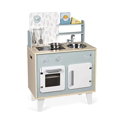 Image of Janod Plume Kitchen Children&#039;s Wooden Cooker with Oven, Stainless Steel Sink, Cupboard, Induction Cookers and Clock 5 Accessories from 3 Years Old, J06608