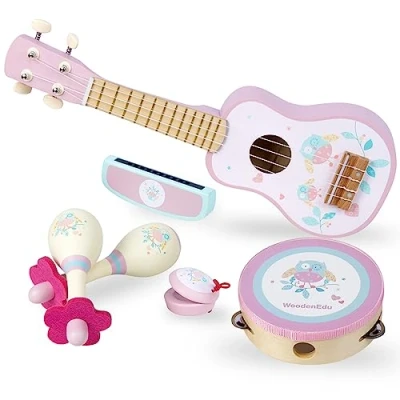 Image of Kids Guitar for Girls, Wooden Musical Instruments Toys with Ukulele, Tambourine, Maracas, Harmonica, Mini Band Sets Toddlers 2 3 Years Old Birthday Gift