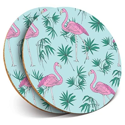 Image of Destination Vinyl ltd 2 x MDF Glossy Top Coasters Round Pink Tropical Flamingo Pattern 13047